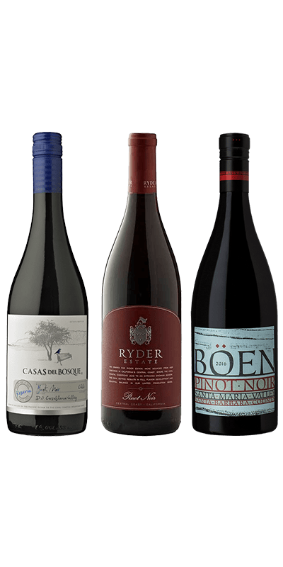 Smagekasse Pinot. Casas del Bosque 2014, Ryder Estate Pinot Noir 2017 og Böen Santa Maria Valley 2016.