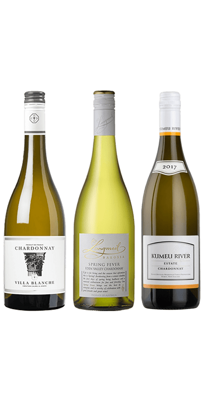 Smagekasse Chardonnay. Villa Blanche Chardonnay 20182, Langmeil Spring Fever Chardonnay 2016 og Kumeu River Estate 2017.